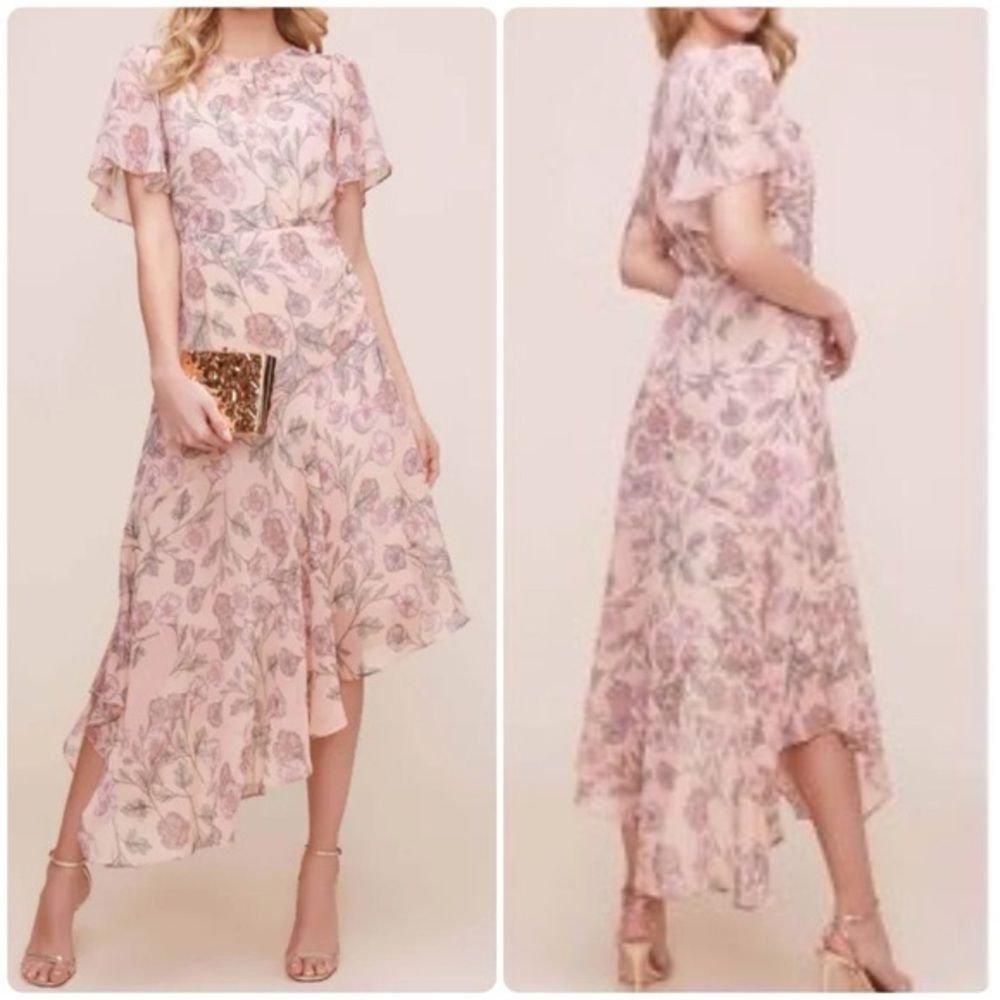ASTR the Label Flutter Sleeve Asymmetrical Dress in Pink Floral